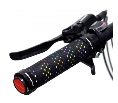 Грипсы (ручки) руля FMFXTR MTB нескользящие, L-130мм., с замком типо Lock on (чёрный/ радужный)